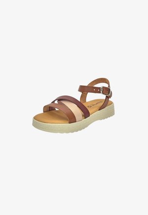 Sandale femme ouverte marron et beige avec trois brides et une boucle à la cheville sur une semelle blanche texturée.