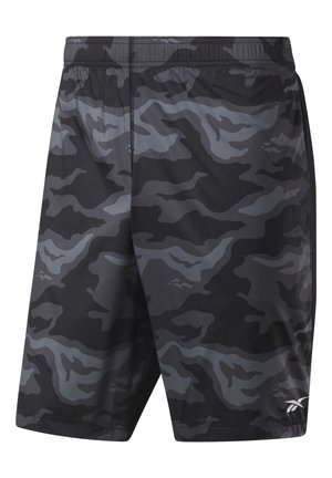 Schwarze und graue Tarn-Trainingsshorts mit elastischem Bund und weißem Reebok-Logo am unteren rechten Bein.
