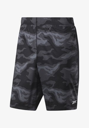 Schwarze und graue Tarn-Trainingsshorts mit elastischem Bund und weißem Reebok-Logo am unteren rechten Bein.