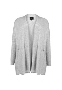 Světlé šedé cardigan s uvolněným střihem, otevřeným předním dílem, dlouhými rukávy a dvěma předními kapsami. Měkký pletený materiál s žebrovanou texturou rukávů.
