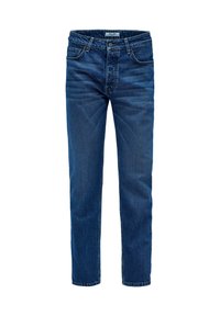 Jeans de mezclilla en azul oscuro con un corte recto, diseño clásico de cinco bolsillos y costuras visibles en las costuras.
