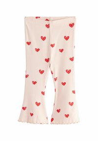 Ribbed cream leggings, joissa on punaisia sydämiä koristava kuvio, leveä helma ja joustava vyötärö mukavuutta ja istuvuutta varten.
