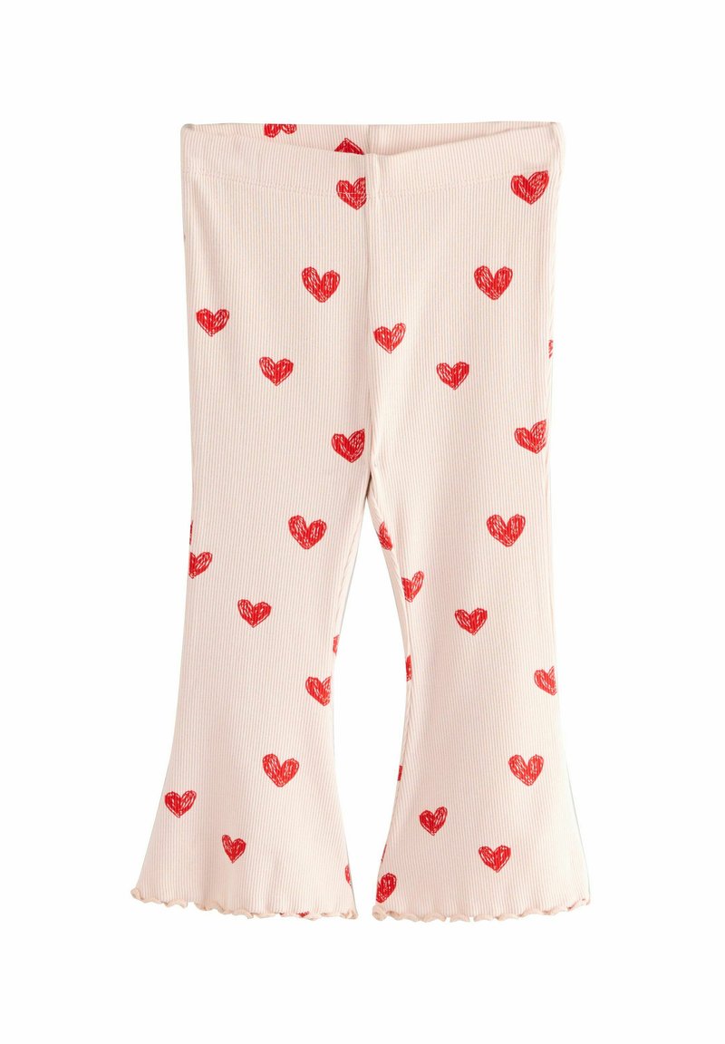Ribbed cream leggings, joissa on punaisia sydämiä koristava kuvio, leveä helma ja joustava vyötärö mukavuutta ja istuvuutta varten.