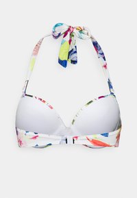 Top de biquíni branco com padrão floral multicolorido, copas com enchimento, laço ajustável no pescoço e fecho de clasp. Tecido suave com leve brilho.