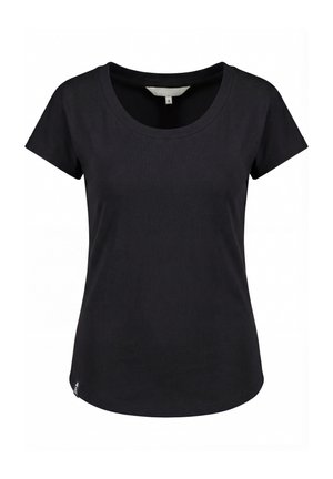 Black short-sleeve women's t-shirt with round neckline, small size tag inside collar, and a small stitched label at bottom hem.