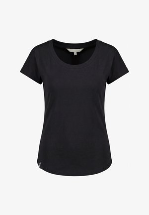 Schwarzes Damen-T-Shirt mit kurzen Ärmeln und rundem Ausschnitt, kleinem Größenetikett im Kragen und einem kleinen eingenähten Label am unteren Saum.
