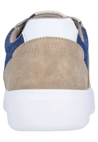 Sneaker with a tan suede back, blue fabric sides, and a white rubber sole. Features a smooth texture and a rounded shape.
