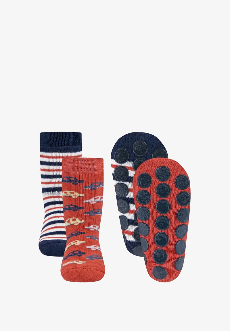 Two pairs of socks: one navy striped with white, the other red with multicolored car patterns. Non-slip dots on soles. Soft knit material.