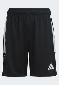 Schwarze Sportshorts aus glattem Material mit einem elastischen Bund, versehen mit weißen Seitenstreifen und einem kleinen Logo am unteren Saum.