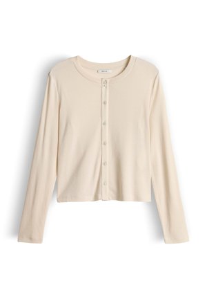 Cardigan a maniche lunghe color crema con scollo rotondo e sei bottoni sul davanti, steso su uno sfondo bianco.