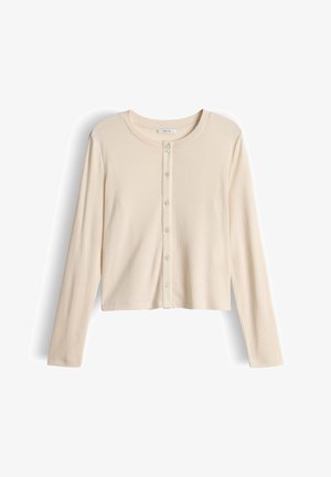 Cardigan a maniche lunghe color crema con scollo rotondo e sei bottoni sul davanti, steso su uno sfondo bianco.