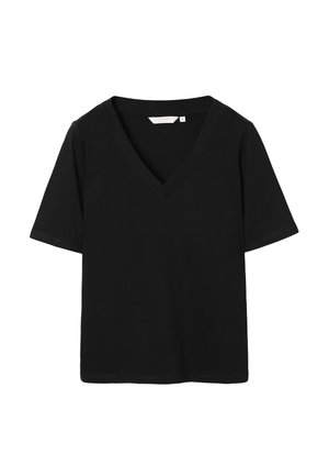 T-shirt nera in cotone con scollo a V e maniche corte. Design semplice, tessuto morbido, senza motivi o decorazioni visibili.