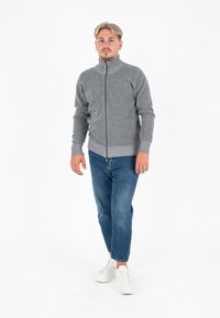 Grijze zip-up sweater van textiel met een textuur, voorzien van een hoge kraag en ribbelzoom, gecombineerd met blauwe jeans en witte sneakers.