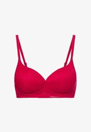 Czerwony stanik z fiszbinami i gładkimi miseczkami. Posiada falisty wzór, regulowane ramiączka oraz zapięcie na haftkę z tyłu.