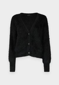 Cardigan nero peloso con scollo a V, maniche lunghe e quattro bottoni decorativi. Il materiale ha un aspetto morbido e texture.