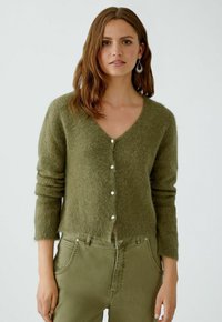 Grüne Strickjacke aus flauschigem Material, mit V-Ausschnitt, langen Ärmeln und sechs silbernen Knopfverschlüssen auf der Vorderseite.