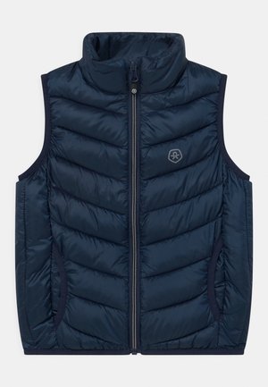 Veste matelassée sans manches bleu marine avec col montant, fermeture éclair devant, poches latérales et petit logo sur la poitrine gauche.