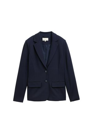 Blazer bleu marine en tissu lisse avec un col en V, deux poches frontales et deux boutons. Coupe structurée avec des manches longues.
