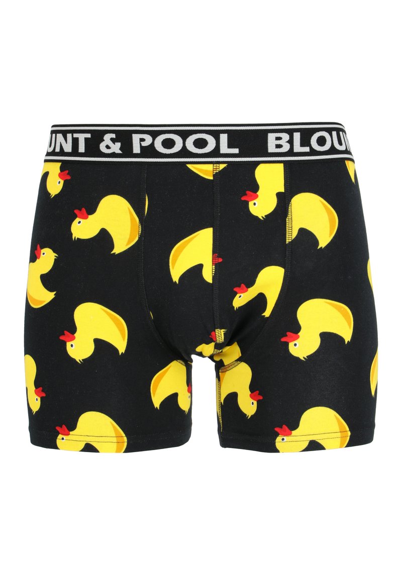 Schwarze Boxershorts mit einem wiederholten gelben Entenmuster, das rote Kämme und blaue Augen zeigt; elastischer Bund mit dem Text "BLOUNT & POOL".