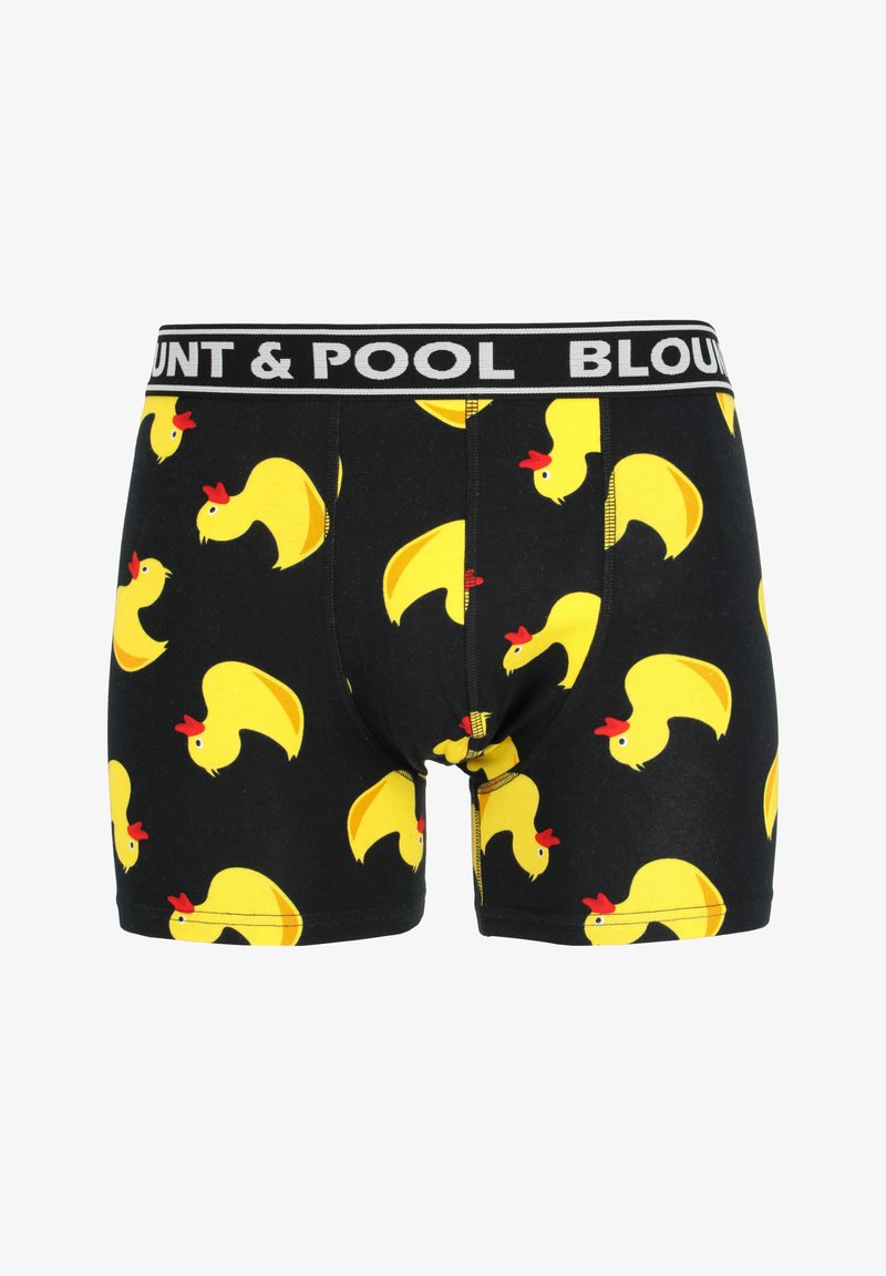 Boxers noirs avec un motif de canards jaunes répété, présentant des crêtes rouges et des yeux bleus ; taille élastique avec le texte "BLOUNT & POOL".
