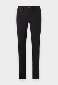 Black denim jeans with a fitted silhouette, five-pocket design, and buttons at the waist. Flat texture, minimalistic style.