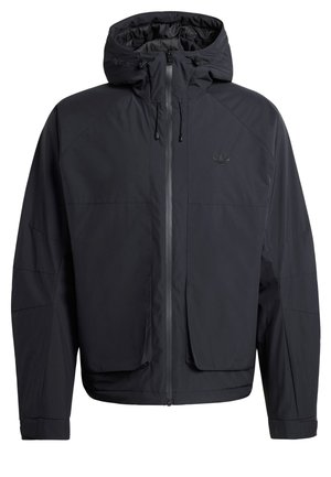 Zwarte windbreakerjas met capuchon, voorzien van een verticale ritssluiting, elastische manchetten en twee voorzakken. Gladde, lichte stof met logo.