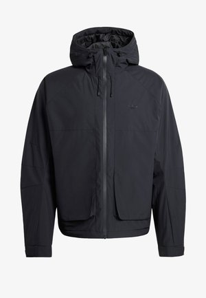 Zwarte windbreakerjas met capuchon, voorzien van een verticale ritssluiting, elastische manchetten en twee voorzakken. Gladde, lichte stof met logo.