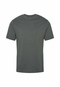 Temno siva uniseks majica s kratkimi rokavi in okroglim izrezom, enostavne zasnove, prikazana na belem ozadju.
