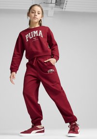 Bordový súprava pozostávajúca z mikiny a nohavíc s logom "PUMA" v bielej farbe. Nohavice majú nastaviteľný pás; topánky sú bordové s bielymi akcentmi.