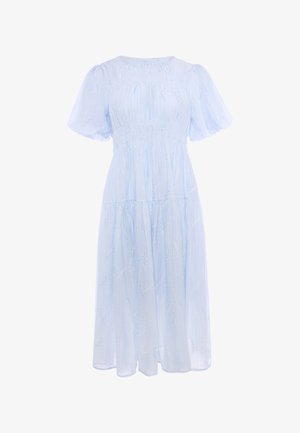 Vestito midi azzurro chiaro con maniche a sbuffo, vita arricciata e motivo floreale ricamato delicato.