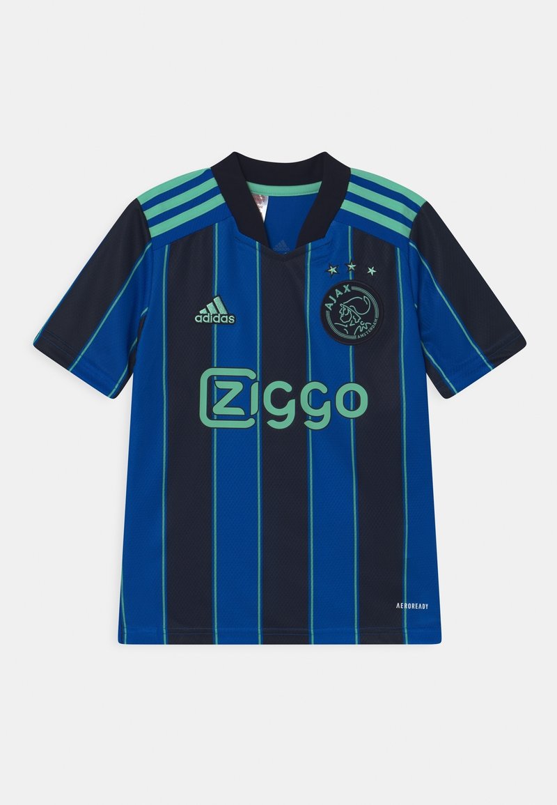 Maglia da calcio dell'Ajax in blu scuro con strisce verticali verdi, colletto nero, dettagli verdi e logo Ziggo. Realizzata con materiale traspirante.