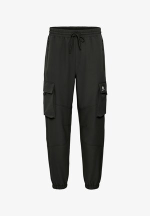 Black cargo pants with an elastic waistband, drawstring, and multiple pockets. Smooth fabric with reinforced seams and elastic cuffs.