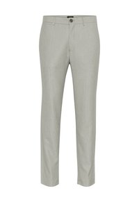 Light grey slim-fit men's trousers with belt loops, front button, and zip closure, displayed against a white background.