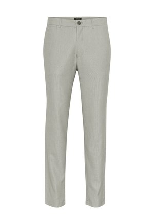 Hellgraue, schmal geschnittene Herrenhose mit Gürtelschlaufen, vorderem Knopf und Reißverschluss, präsentiert vor einem weißen Hintergrund.