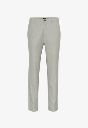 Világosszürke slim-fit férfi nadrág övhurkokkal, elülső gombbal és cipzárral, fehér háttér előtt bemutatva.