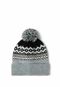 Nertas skrybėlė su juodu ir baltu raštuotu viršumi, pilkos spalvos raištinė kraštinė ir kontrastinga pilka pom-pom viršuje. Minkšta tekstūra.