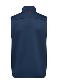 Marineblå ærmeløs vest med høj krave, glat stof og en rød sløjfeaccent ved halsen. Har enkle, rene linjer i designet.