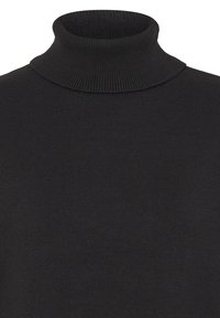 Fekete garbó pulóver kötött anyagból, bordás nyakkal, sima textúrával és testhezálló szabással, rétegezéshez ideális.