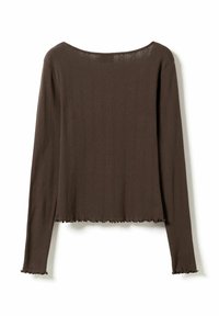 Ruda ilgomis rankovėmis palaidinė su raukšlėta tekstūra, plačiu iškirpimu ir neapdorotu hemu. Sukurta su aptempta siluetu.