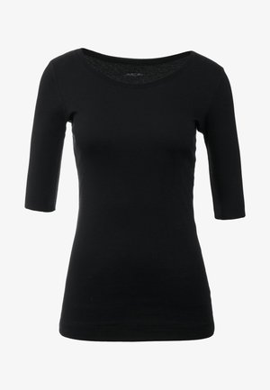 Schwarzes, kurzärmliges Oberteil mit einem Rundhalsausschnitt. Hergestellt aus glattem Stoff mit taillierter Passform. Keine sichtbaren Muster oder Verzierungen.