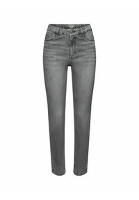 Jean gris taille haute coupe slim avec fermeture bouton et zip, poches avant et arrière, et détails subtilement délavés.