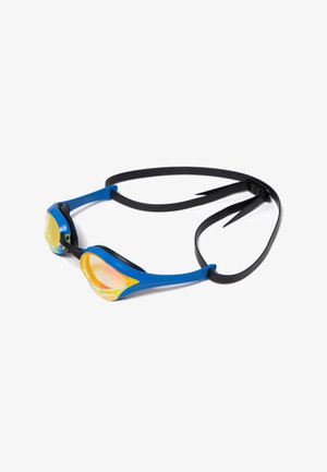 Blaue Schwimmbrille mit verspiegelten gelben Gläsern, schwarzem Silikonband und ergonomischem Design für Komfort. Markenlogo an der Seite.