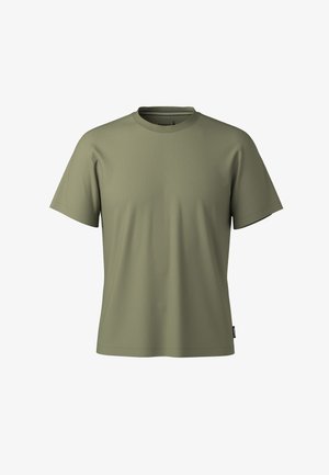 Olivgrünes Kurzarm-T-Shirt aus glattem Material, mit Rundhalsausschnitt, geradem Saum und minimaler Markenkennzeichnung auf der unteren linken Seite.
