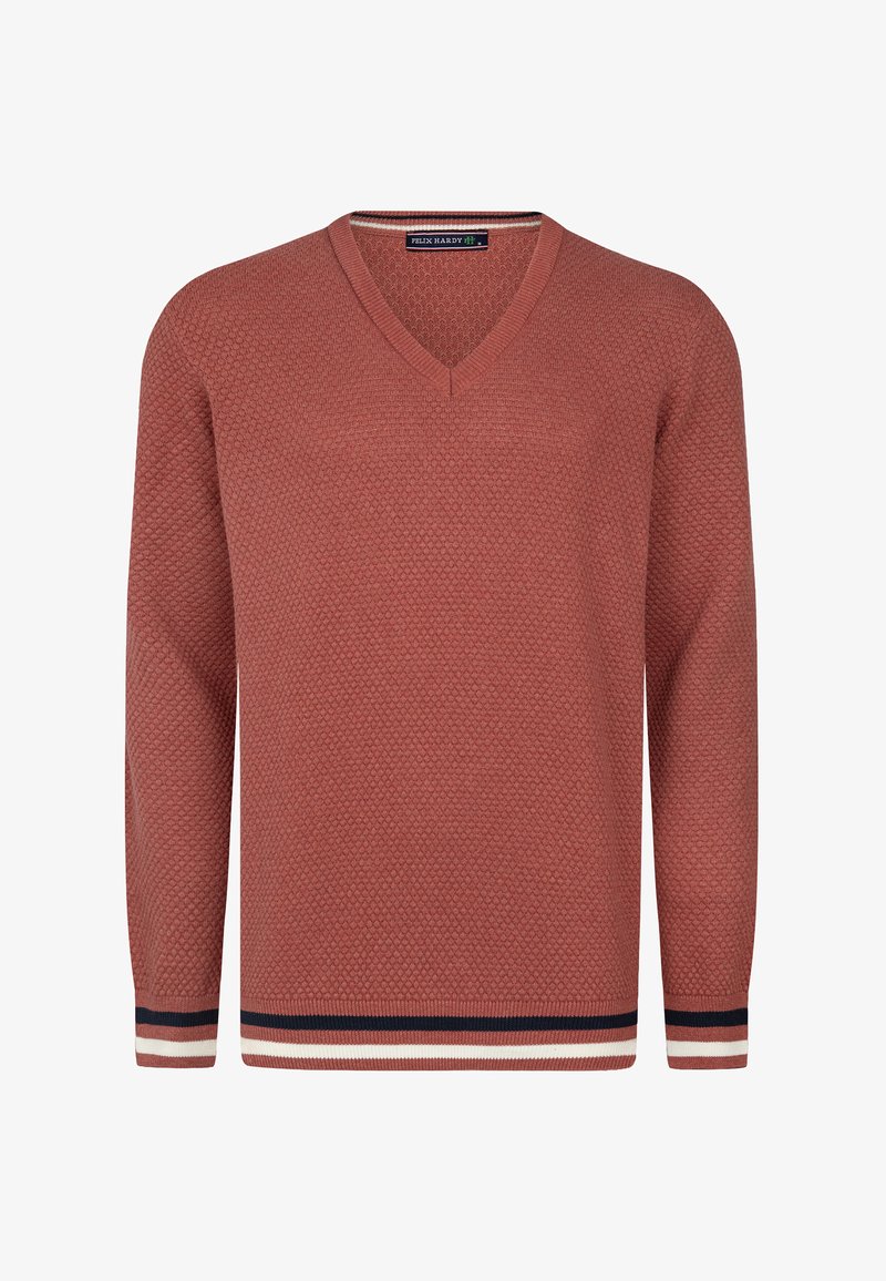 V-Ausschnitt-Pullover in Rostfarbe mit strukturiertem Strickmuster. Besitzt kontrastierende gestreifte Rippbündchen und einen Rippensaum in Marineblau und weißen Akzenten.