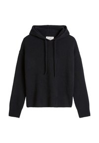 Czarna bluza z kapturem o luźnym kroju, wykonana z miękkiego materiału, z prążkowanym obszyciem i regulowanym sznurkiem. Bez widocznych wzorów.