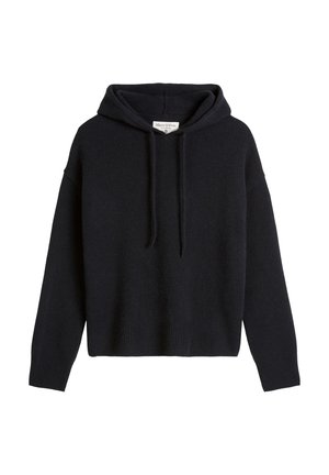 Zwarte hoodie met een ontspannen pasvorm, gemaakt van zacht materiaal, voorzien van een geribbelde zoom en verstelbare trekkoord. Geen zichtbare patronen.