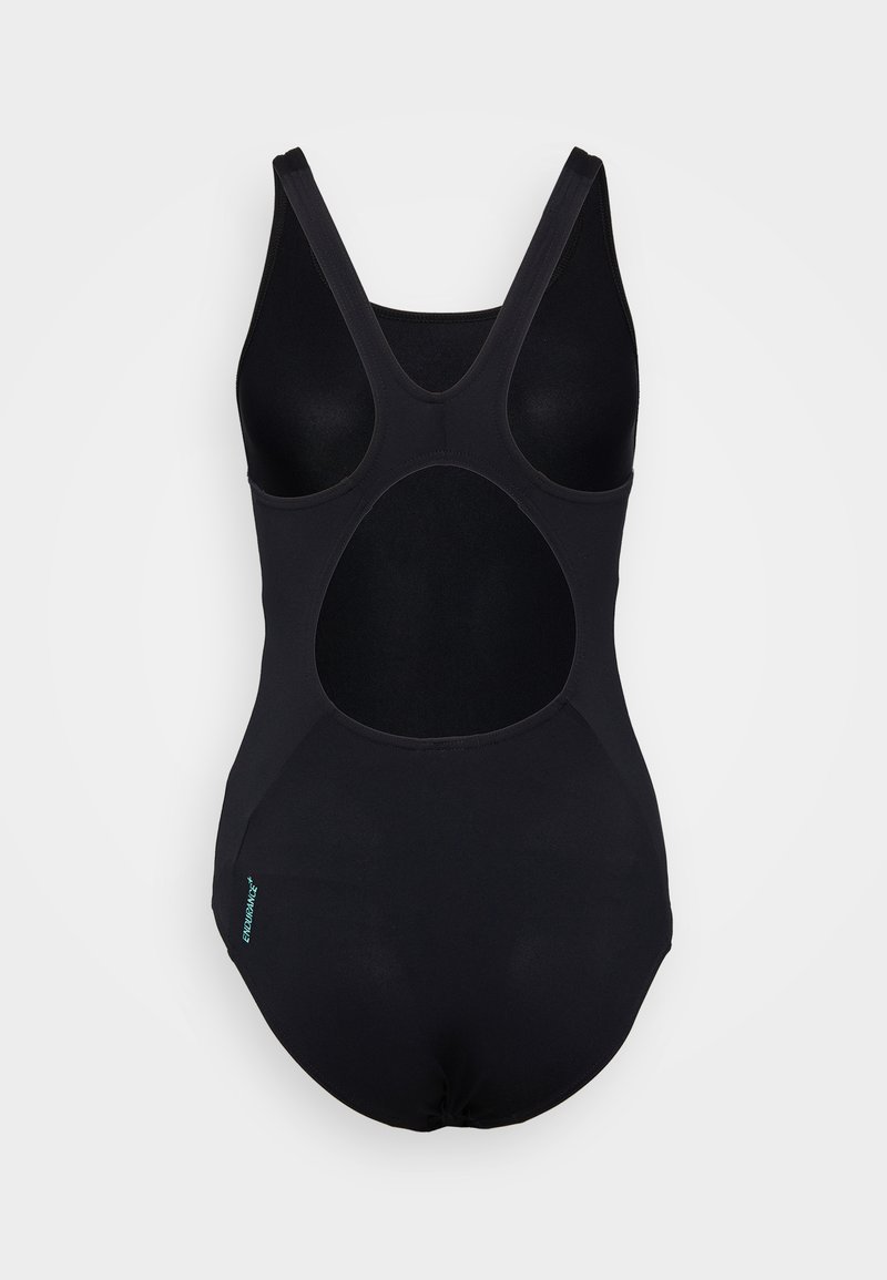Maillot de bain une pièce noir avec un dos échancré et un design découpé. Fabriqué en tissu lisse, il comporte de larges bretelles et des coutures minimales.