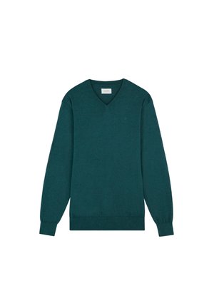 Jersey de manga larga color verde azulado oscuro con cuello en V, puños y dobladillo acanalados, presentado plano sobre fondo blanco.