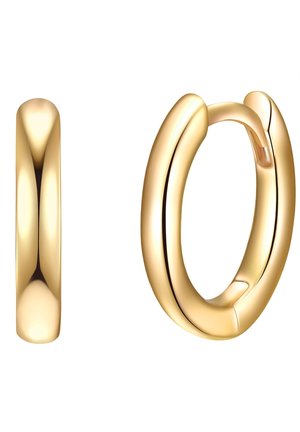 Gold hoop earrings with a polished finish. Angular design with a seamless closure, featuring a smooth and slightly rounded profile.