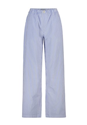 Loszittende broek met blauw-witte verticale strepen, elastische tailleband en een klein wit label aan de voorkant in het midden.
